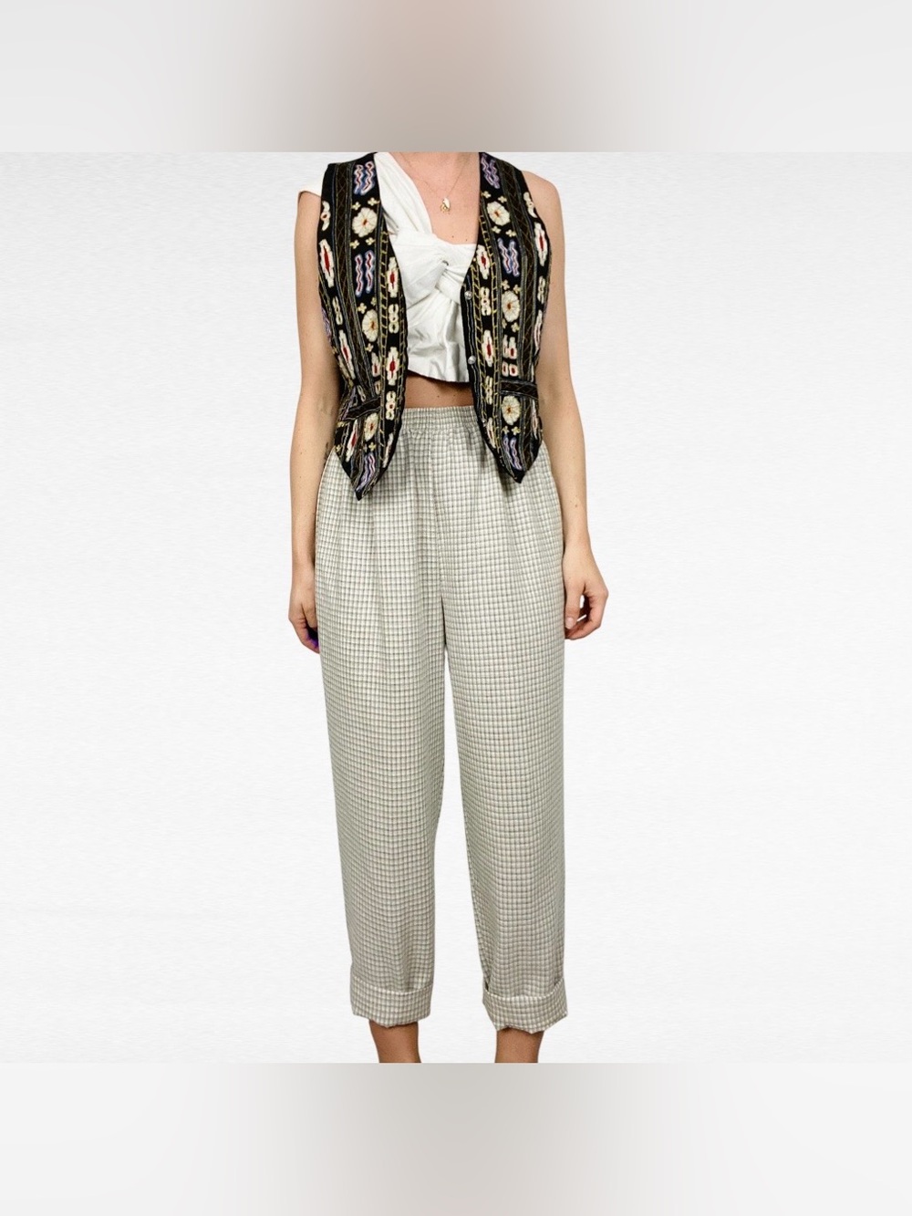 VINTAGE Briggs New York Beige Taupe Micro Plaid High Waist Pull On Flax Pants - Picture 1 of 8